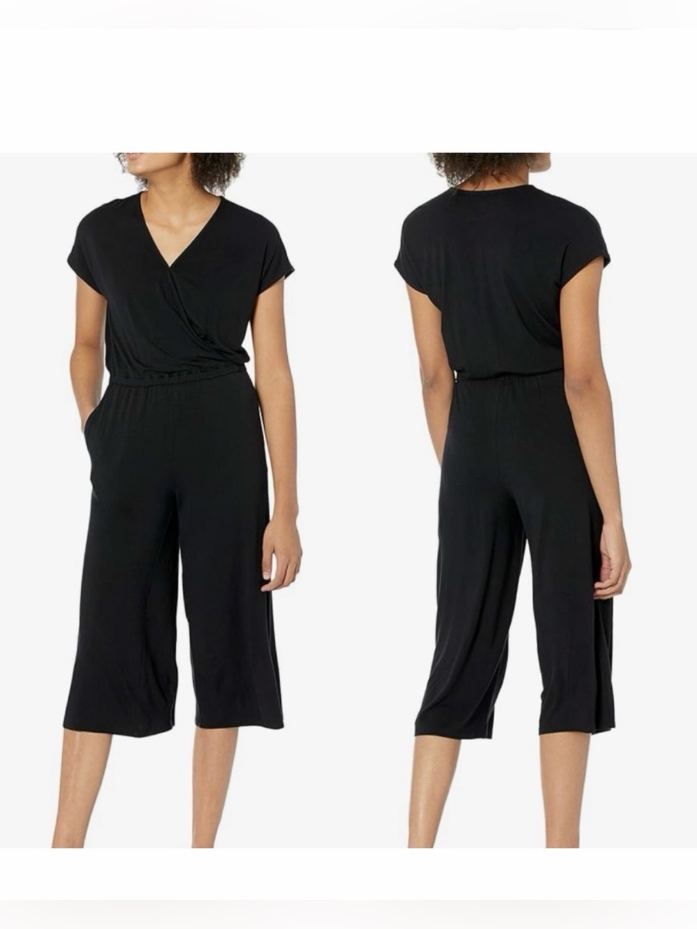 Amazon Essentials Black Short-Sleeve Cropped Wrap Jumpsuit
